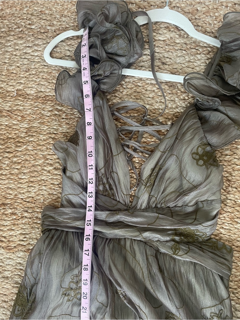 Storia Backless Corset Ruffled Maxi Dress in Olive-Taupe-Gold Wedding Guest READ - Picture 11 of 13